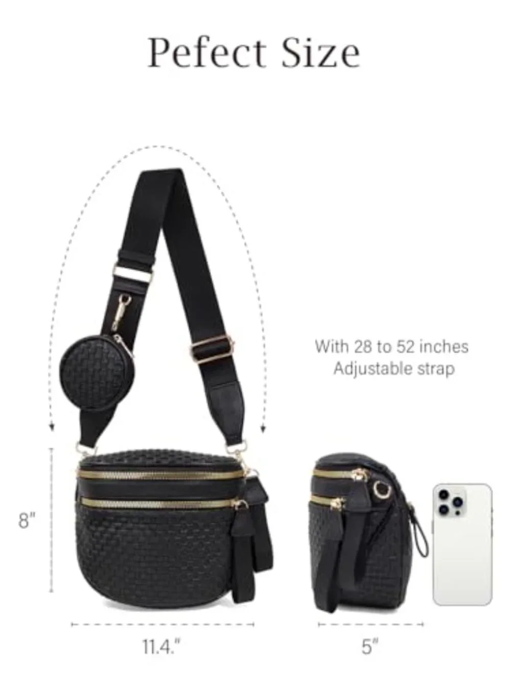 Large Woven Leather Crossbody Bag with Detachable Wallet Adjustable Strap